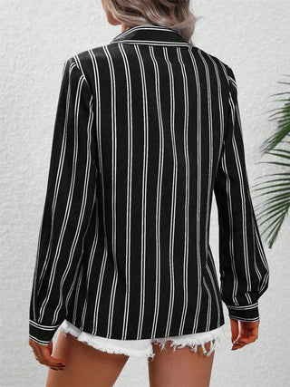 Striped Collared Neck Long Sleeve Shirt Divacious