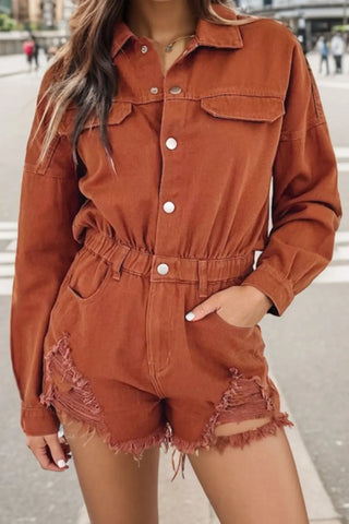 Distressed Raw Hem Snap Down Romper Divacious