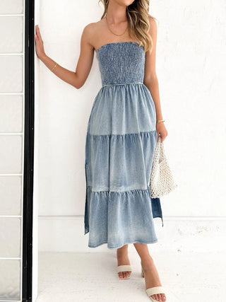 Slit Smocked Tube Tiered Denim Dress Divacious