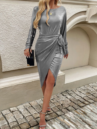 Devine Tied Boat Neck Long Sleeve Dress Trendsi