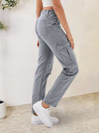 Buttoned Straight Jeans with Cargo Pockets Divacious