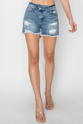 Stepped Waist Frayed Denim Shorts Divacious