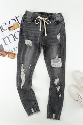 Drawstring Distressed Raw Hem Jeans with Pockets Divacious