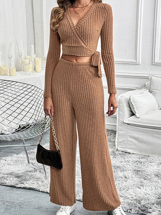 Surplice Long Sleeve Top and Pants Set - Divacious