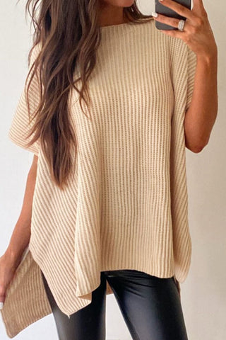 Waffle-Knit Slit Short Sleeve Sweater Divacious