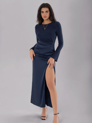 Split Round Neck Long Sleeve Midi Dress - Divacious