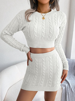 Cable-Knit Round Neck Top and Skirt Sweater Set Trendsi