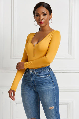 Half Zip Scoop Neck Long Sleeve Bodysuit Divacious