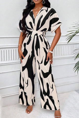 Printed V-Neck Short Sleeve Wide Leg Jumpsuit Divacious