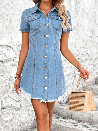 Raw Hem Button Up Short Sleeve Denim Dress Divacious