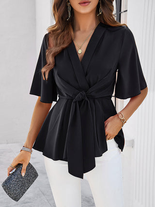 Surplice Tie Waist Half Sleeve Blouse Divacious