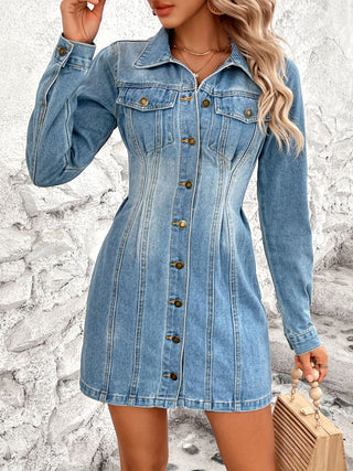 Pocketed Button Up Long Sleeve Denim Dress Divacious