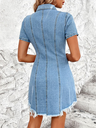 Raw Hem Button Up Short Sleeve Denim Dress Divacious