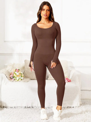 Scoop Neck Long Sleeve Active Jumpsuit Divacious