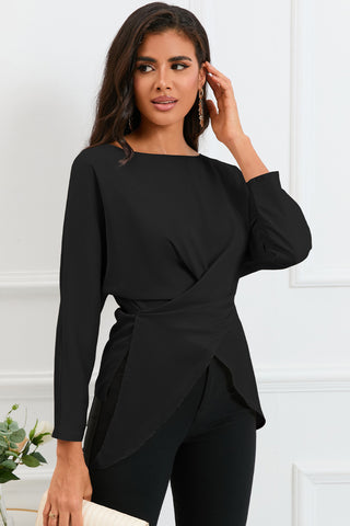 Boat Neck Back Tie Long Sleeve Satin Blouse Divacious