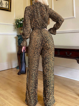 Leopard Flounce Sleeve Wide Leg Jumpsuit - Divacious