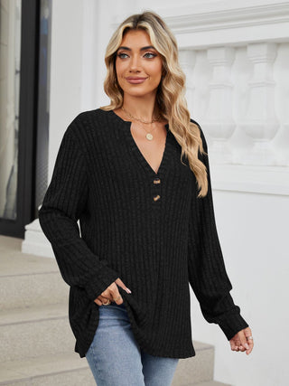 Ribbed Notched Long Sleeve T-Shirt Divacious