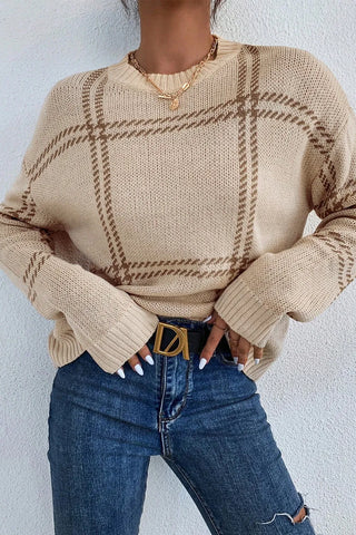 Plaid Round Neck Dropped Shoulder Sweater - Divacious