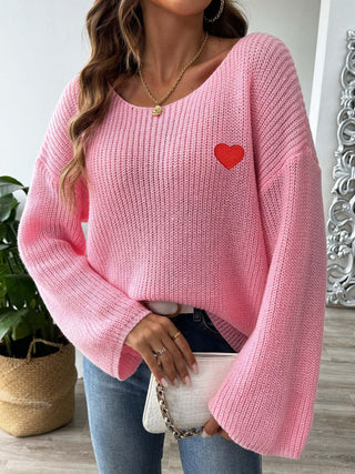 Heart Boat Neck Dropped Shoulder Sweater - Divacious