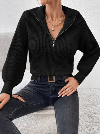 Half Zip Dropped Shoulder Sweater - Divacious