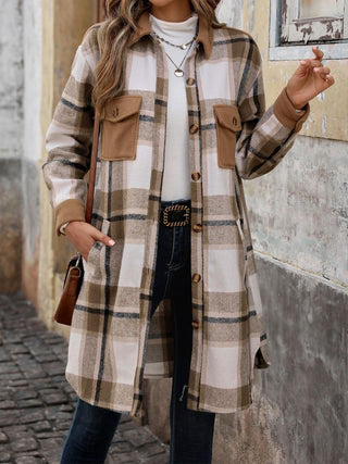 Plaid Button Up Long Sleeve Coat Divacious