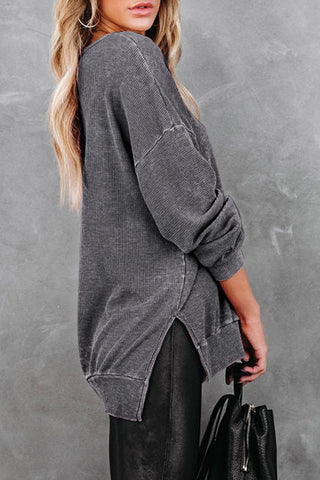 Waffle Knit Side Slit Drop Shoulder Sweatshirt Divacious