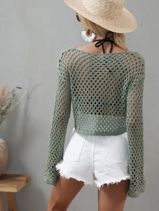 Openwork Flare Sleeve Cropped Cover Up Divacious