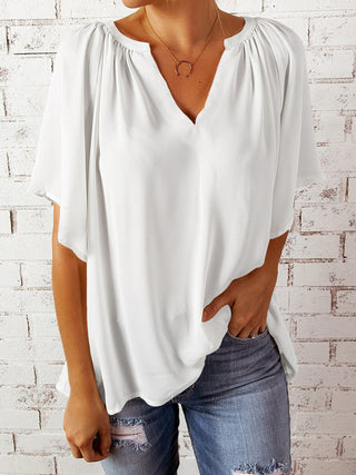 Ruched Notched Half Sleeve Blouse Divacious