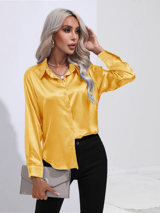 Collared Neck Buttoned Long Sleeve Shirt Divacious