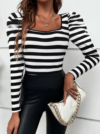 Striped Square Neck Puff Sleeve T-Shirt Divacious