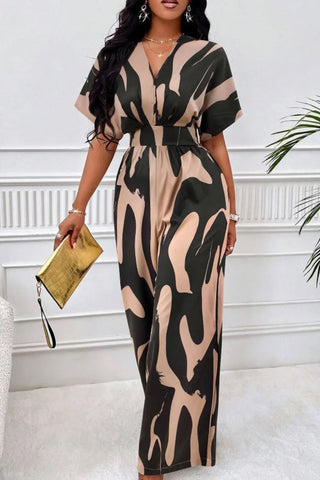 Printed V-Neck Short Sleeve Wide Leg Jumpsuit Divacious