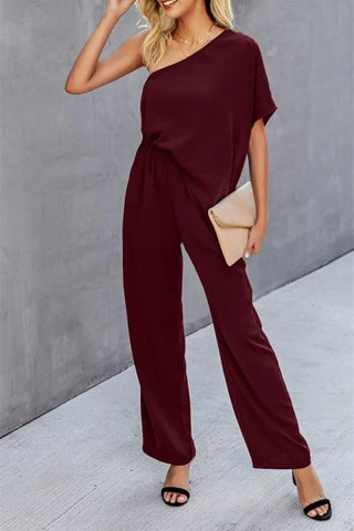 Single Shoulder Short Sleeve Jumpsuit Divacious