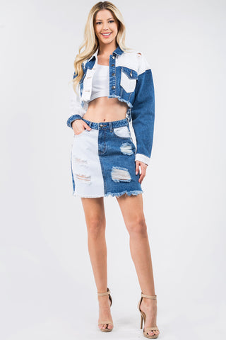 Contrast Patched Frayed Denim Distressed Skirts Divacious