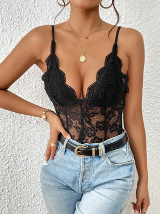 Lace V-Neck Spaghetti Strap Bodysuit Divacious