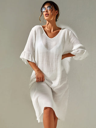 Slit V-Neck Flounce Sleeve Cover-Up Divacious