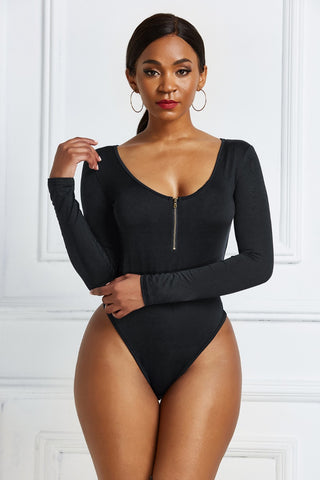 Half Zip Scoop Neck Long Sleeve Bodysuit Divacious