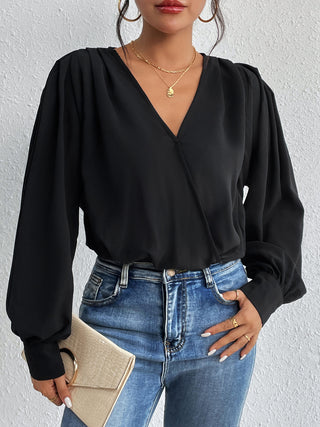 Surplice Ruched Long Sleeve Bodysuit Divacious