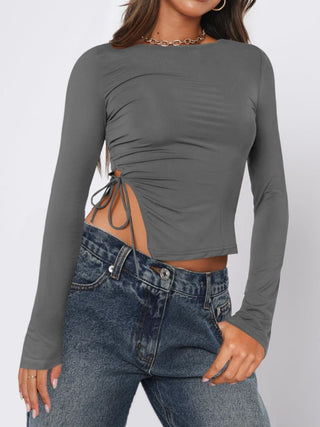 Tied Slit Round Neck Long Sleeve T-Shirt - Divacious