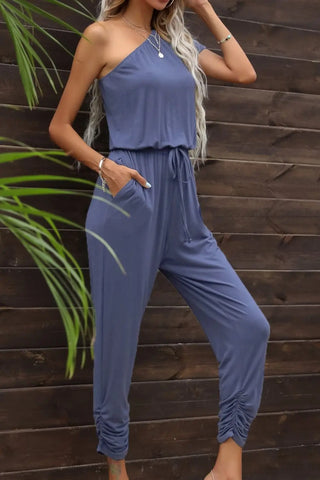 Drawstring Waist One-Shoulder Jumpsuit with Pockets Divacious