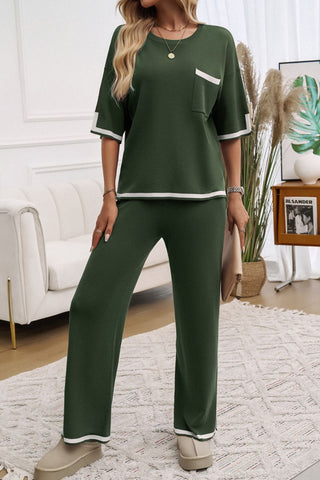 Contrast Trim Half Sleeve Top and Pants Set - Divacious