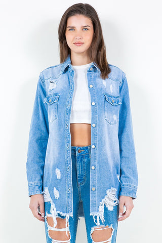 Frayed Hem Distressed Denim Shirt Jacket Divacious