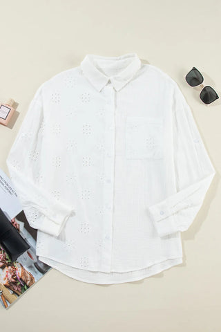 Eyelet Collared Neck Long Sleeve Shirt Divacious