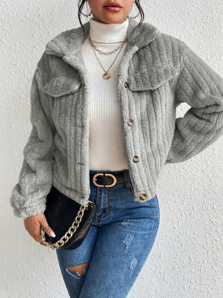 Fuzzy Button Up Collared Neck Jacket Divacious