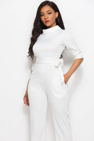 Mock Neck Tie-Waist Half Sleeve Jumpsuit Divacious