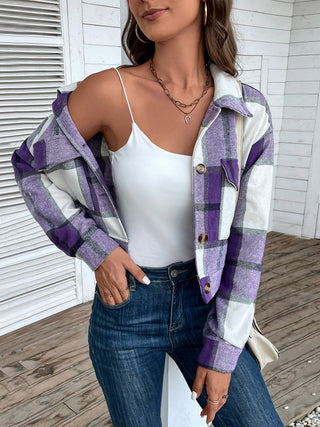 Plaid Button Up Drop Shoulder Cropped Jacket Divacious