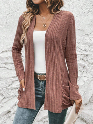 Ribbed Open Front Cardigan with Pockets Divacious