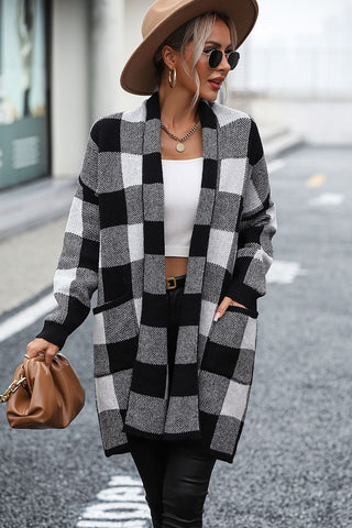 Plaid Dropped Shoulder Cardigan with Pocket Divacious