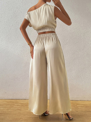 Honey One Shoulder Short Sleeve Top and Wide Leg Pants Set Trendsi