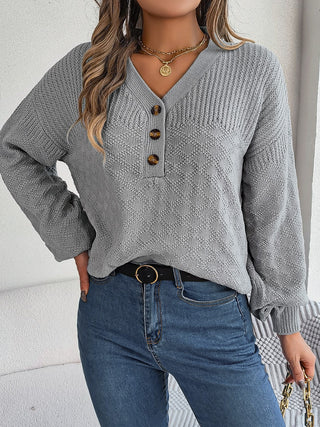 Half Button V-Neck Long Sleeve Sweater Divacious