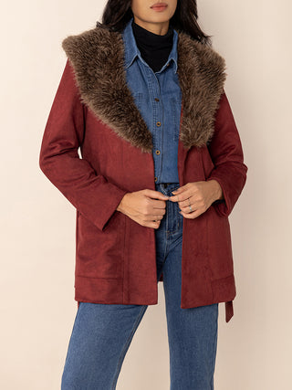 Fuzzy Collared Neck Tie Waist Jacket - Divacious